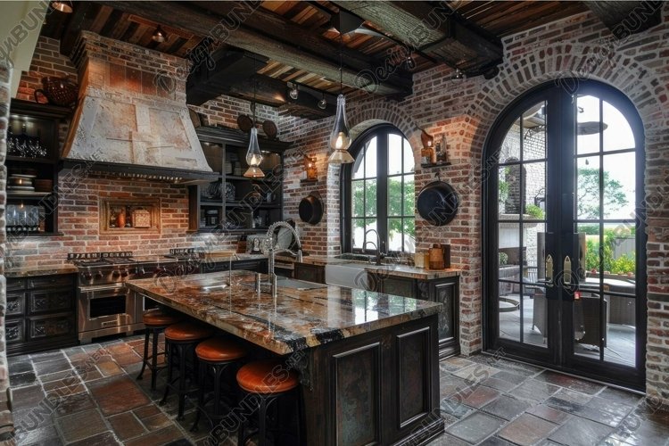 Large rustic kitchen featuring exposed brick walls and wood