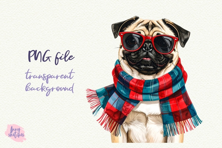 Vintage Christmas Pug Clipart Retro Christmas Dog PNG