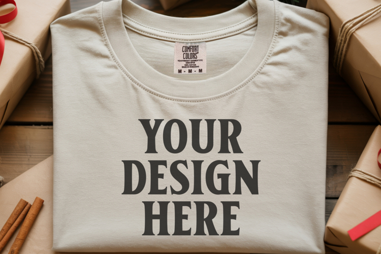 Ivory Comfort Colors 1717 Christmas Folded T-Shirt Mockup