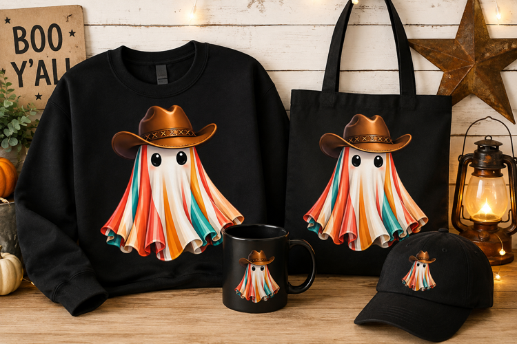 Cute Cowboy Ghost PNG | Western Halloween Sublimation Design