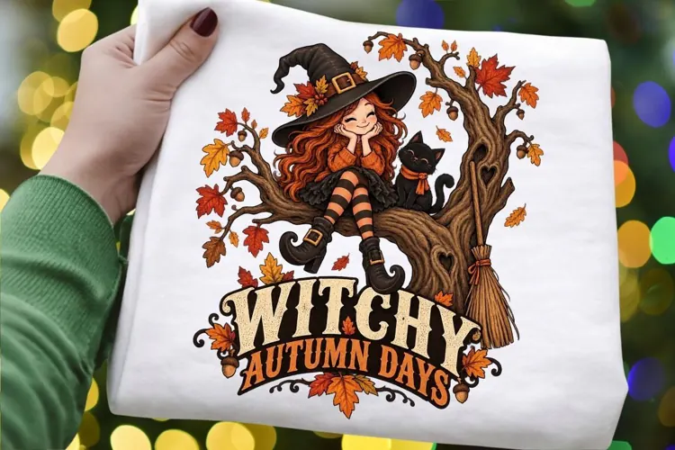 Witchy Autumn Days PNG, Cute Fall Witch Cat Sublimation