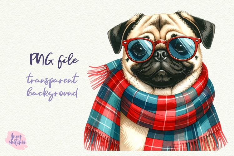 Vintage Christmas Pug Clipart Retro Christmas Dog PNG