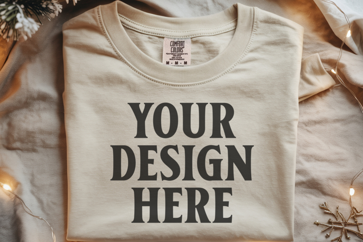 Ivory Comfort Colors 1717 Christmas Folded T-Shirt Mockup