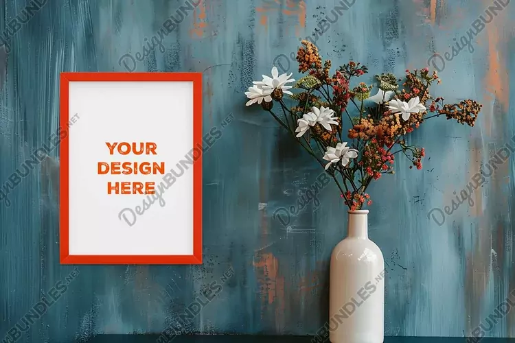 Frame mockup on grunge industrial wall with vase and flowers