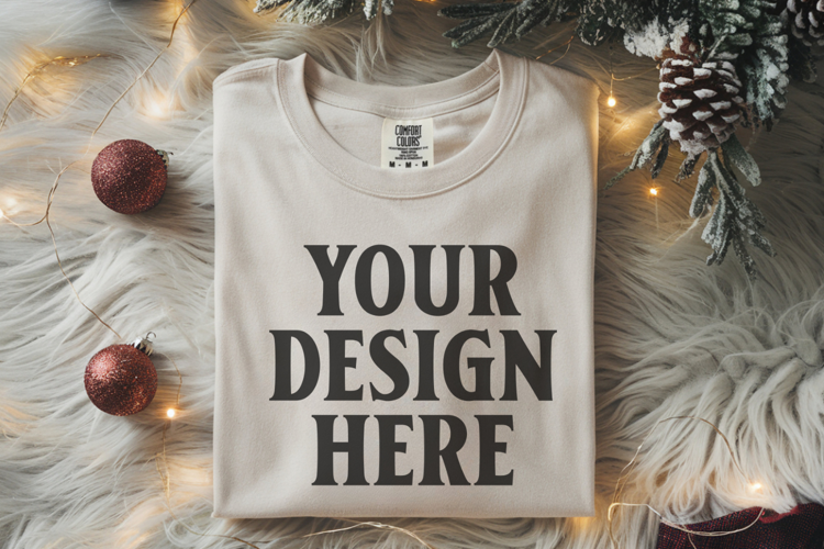 Ivory Comfort Colors 1717 Christmas Folded T-Shirt Mockup