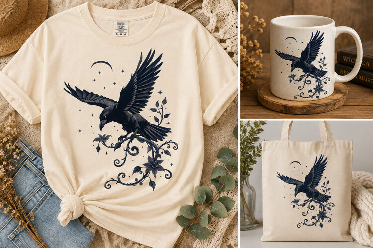 Gothic Raven PNG | Dark Witchy Moon Halloween Clipart example image 1