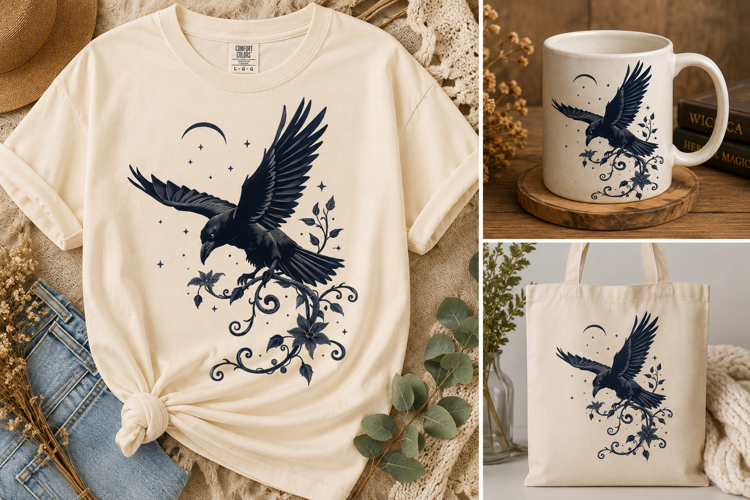 Gothic Raven PNG | Dark Witchy Moon Halloween Clipart