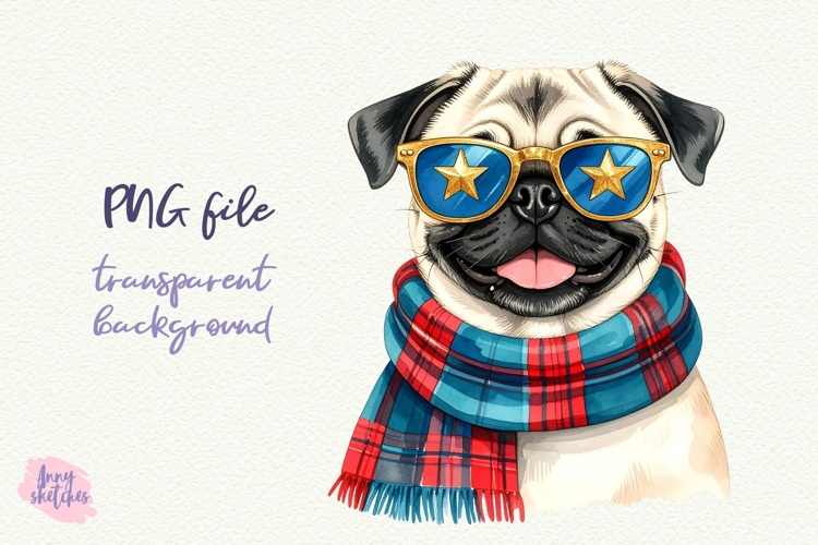 Vintage Christmas Pug Clipart Retro Christmas Dog PNG