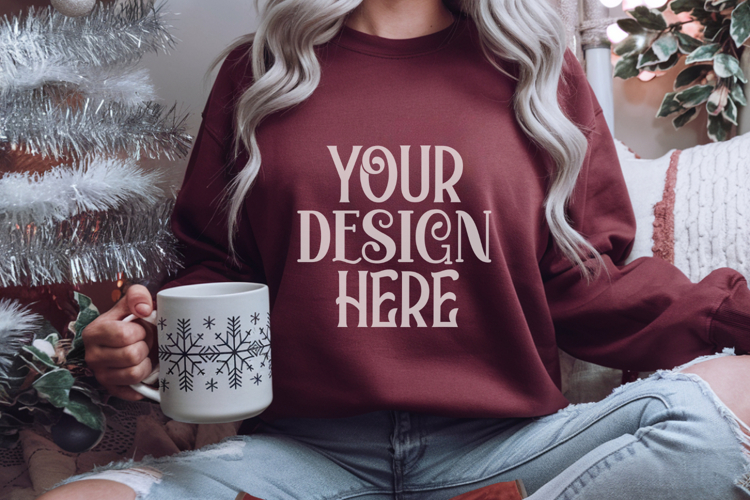 Christmas Gildan 18000 Maroon Crewneck Sweatshirt Mockup
