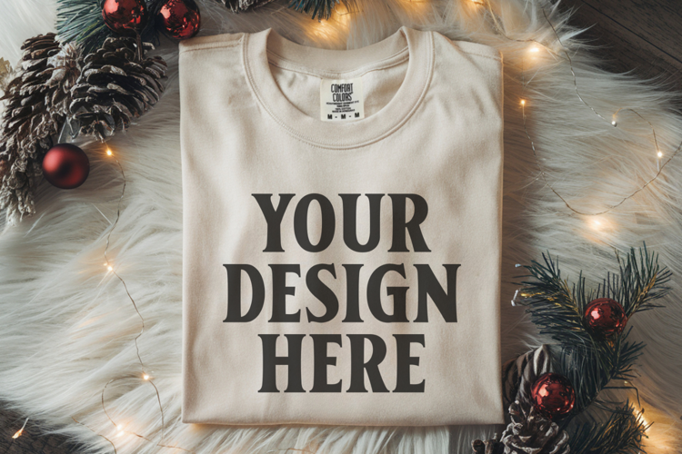 Ivory Comfort Colors 1717 Christmas Folded T-Shirt Mockup