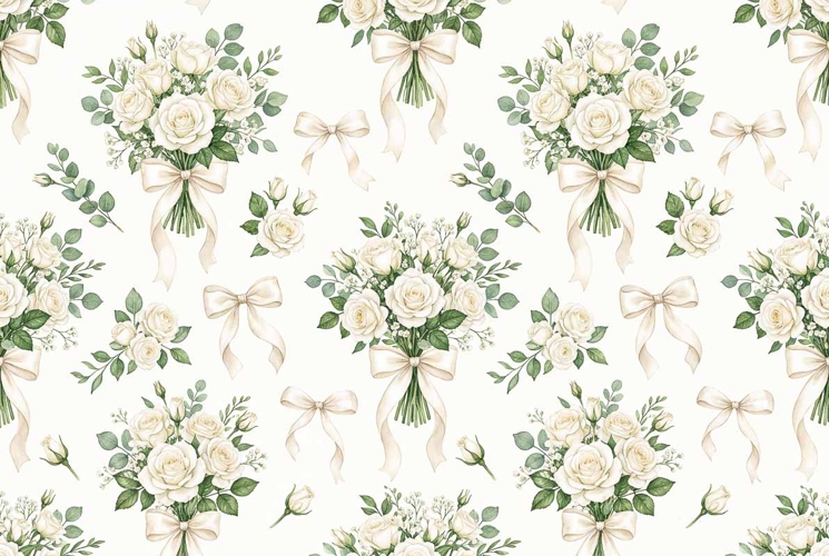 Watercolor seamless pattern with bridal bouquets white roses