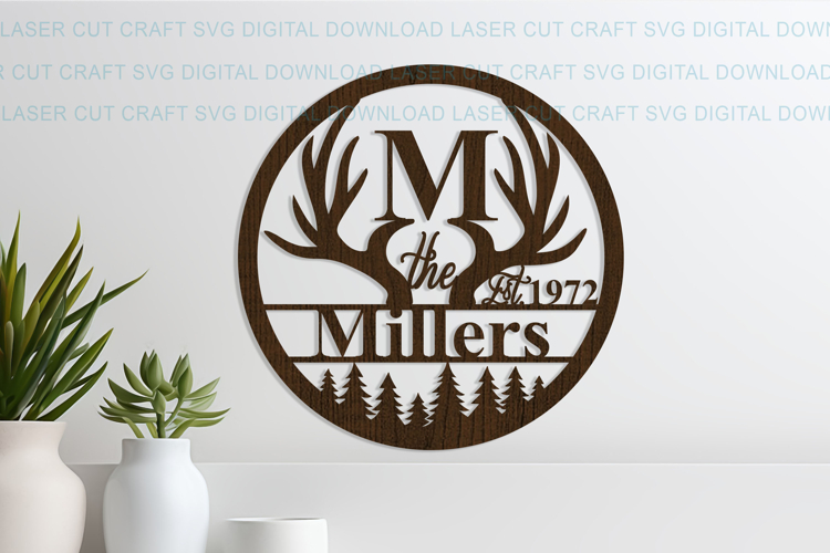 Deer antlers Family Name Round Sign SVG laser cut, Cricut example image 1