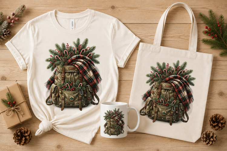 Rustic Christmas Hiking Backpack Plaid Blanket Design