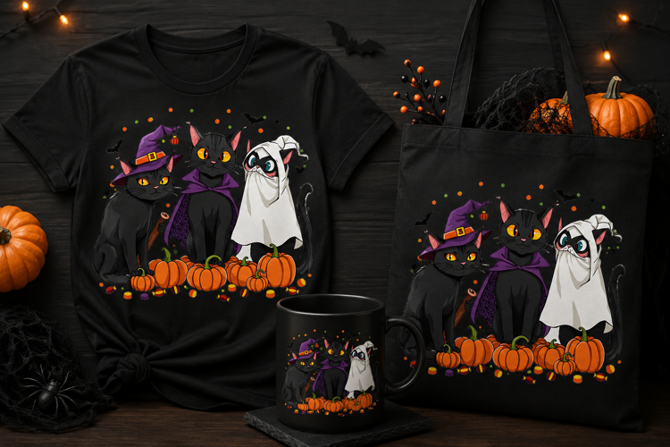 Halloween Black Cat Trio PNG | Witch Ghost Cat Pumpkin Desig