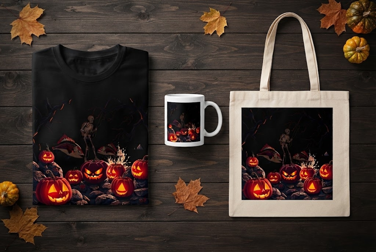 Skeleton Fishing on Pumpkin Halloween Design with Fish