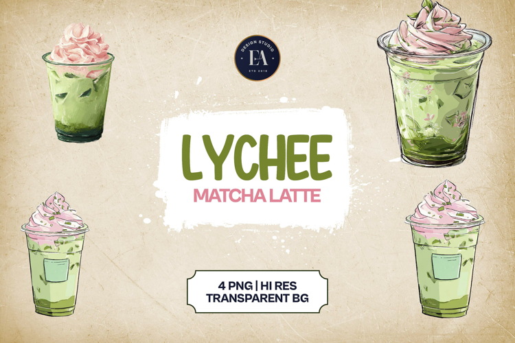 Lychee Matcha Latte Clipart Bundle 4 PNG
