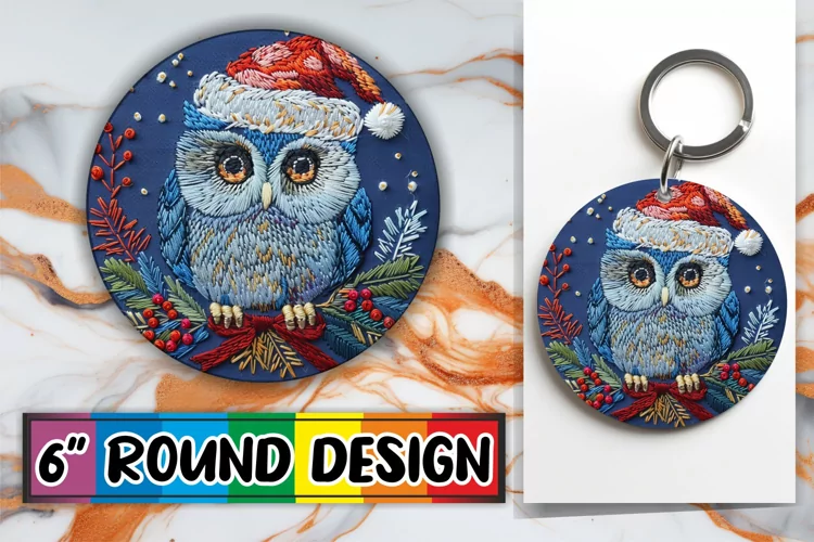 Holiday Owl Round Design Embroidered Keychain