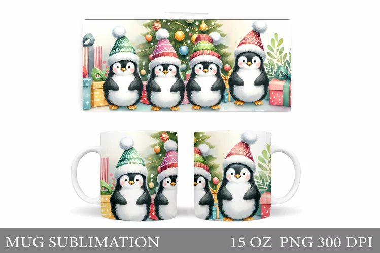 Cute Penguin Mug Design. Christmas Mug Sublimation