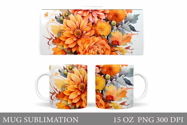 Flowers Mug Sublimation. Floral Mug Wrap Design