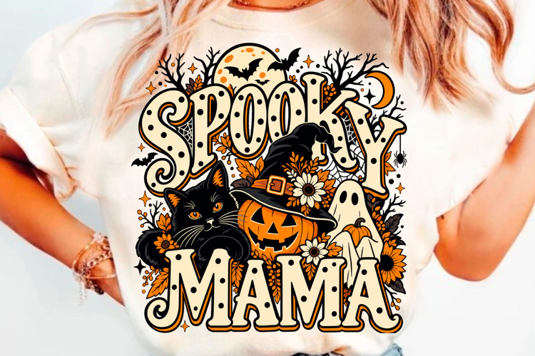 Spooky Mama Halloween T-Shirt Design With Black Cat, Pumpkin