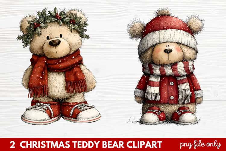 2 Christmas Teddy Bear Clipart | Cute Holiday Bear PNG Illus