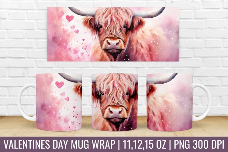 Valentines Day Highland Cow Mug Wrap|Mug Watercolor Design example image 1
