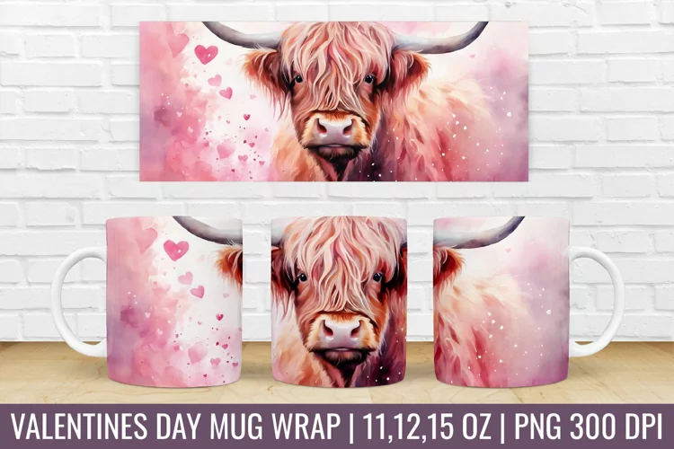 Valentines Day Highland Cow Mug Wrap|Mug Watercolor Design