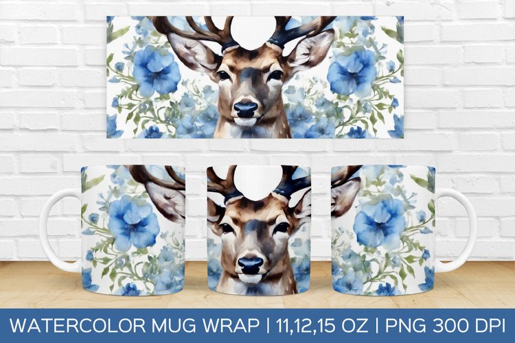 Watercolor Flower Deer Mug Wrap|Christmas Sublimation Design example image 1