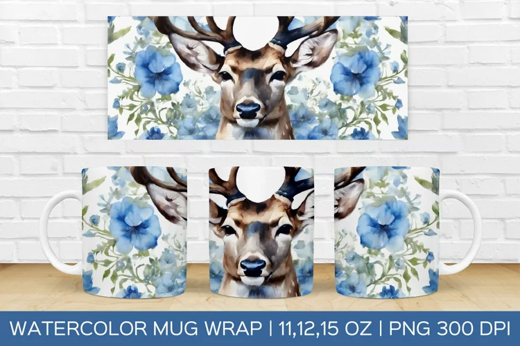 Watercolor Flower Deer Mug Wrap|Christmas Sublimation Design