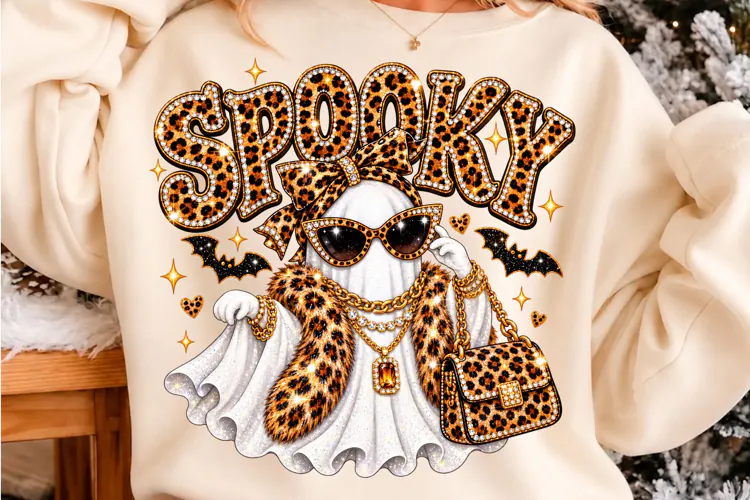 Spooky Glam Leopard Ghost Halloween PNG