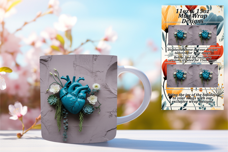 Stylish 15oz Mug Wrap Png Artwork , 3D Heart