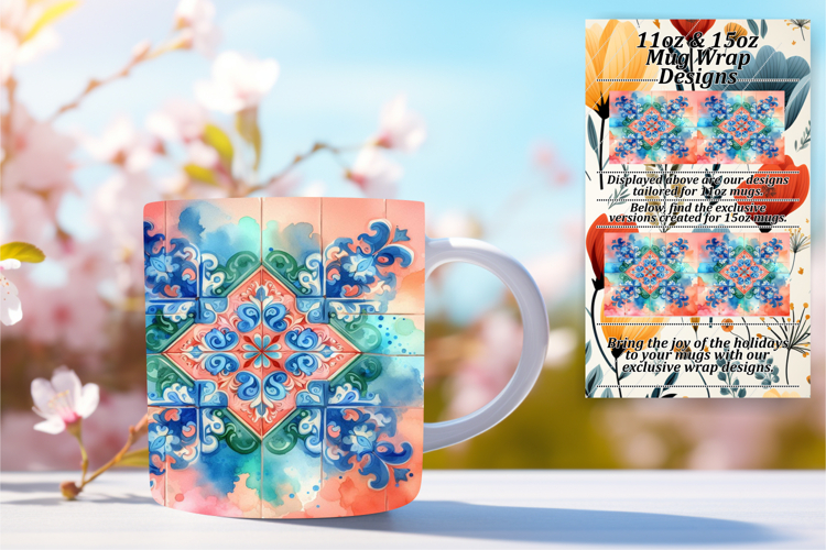 Glamorous 15oz Mug Wrap Png Template , Watercolor Patter