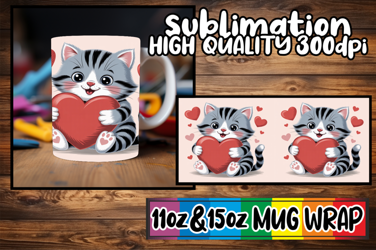 Happy moments sublimation mug wrap, Valentines Cat