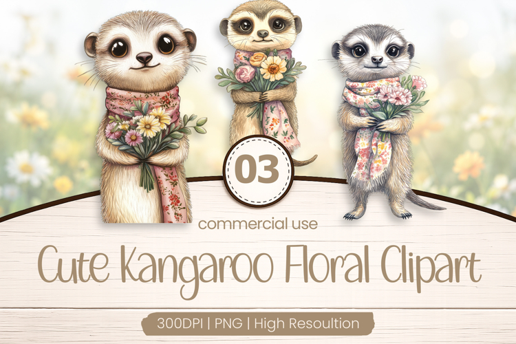Cute Kangaroo Floral Clipart PNG