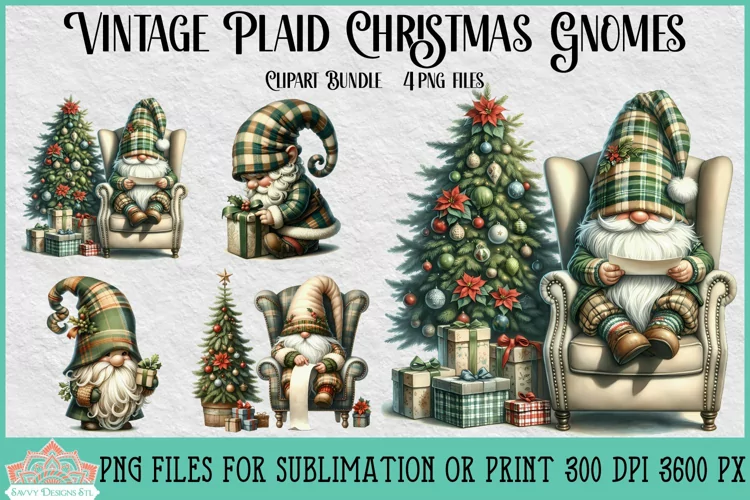 Vintage Plaid Christmas Gnomes | Christmas Clipart