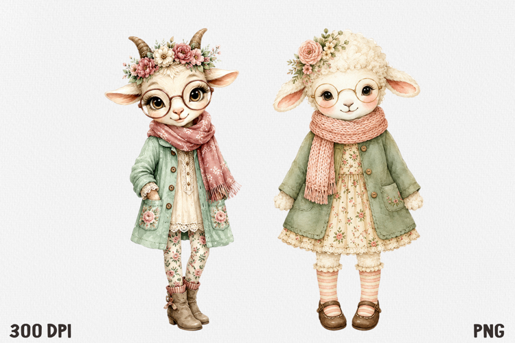 Cute Cottagecore Animal Watercolor Clipart PNG