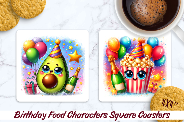 Birthday Food Square Coaster PNG 4x4, Sublimation Design.