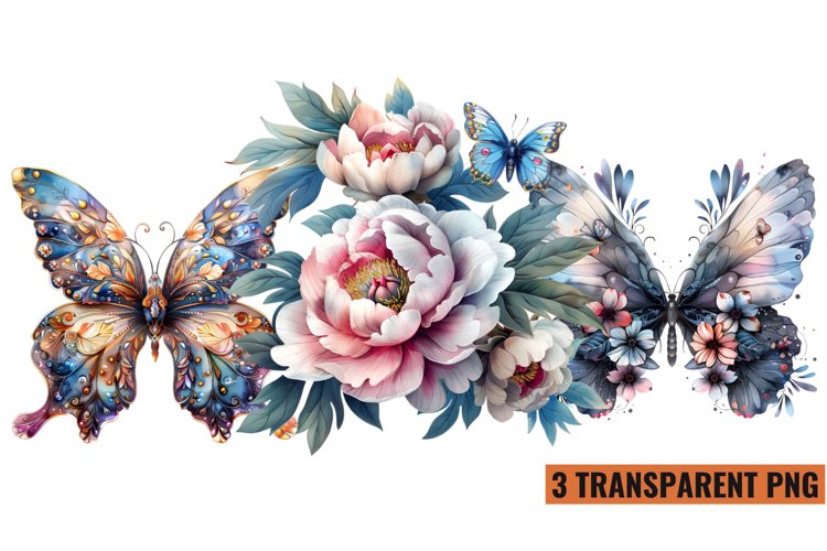 Watercolor Butterflies With Flowers Clipart PNG ,