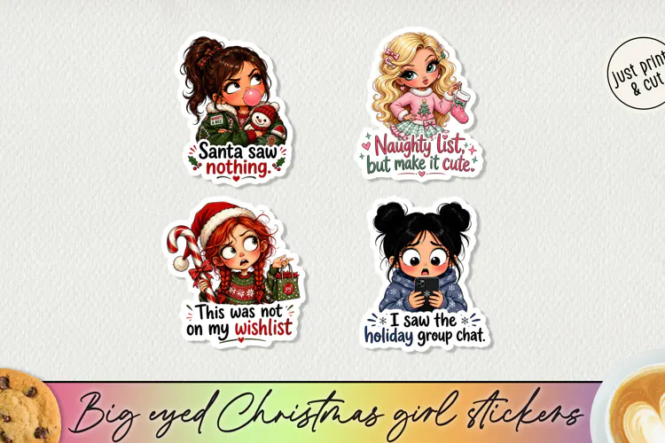 Big Eyed Christmas Girl Stickers PNG, Funny Holiday Girl