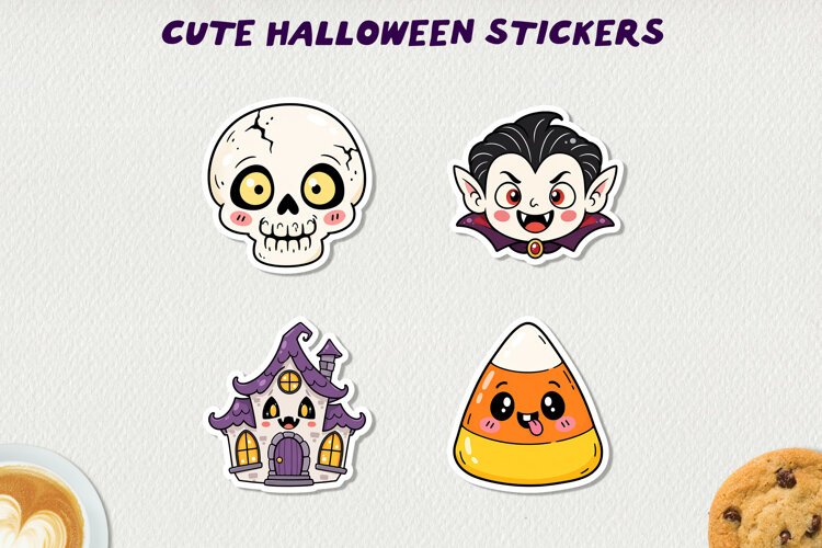 Cute Halloween Printable Stickers, Kawaii Spooky PNG. example image 1