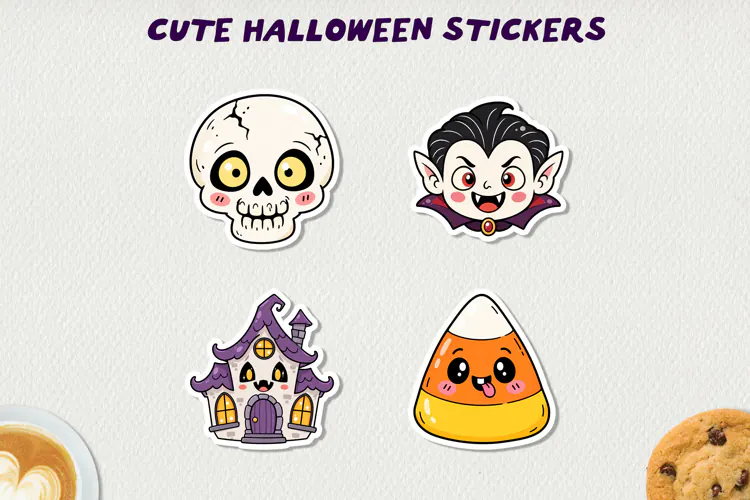 Cute Halloween Printable Stickers, Kawaii Spooky PNG.