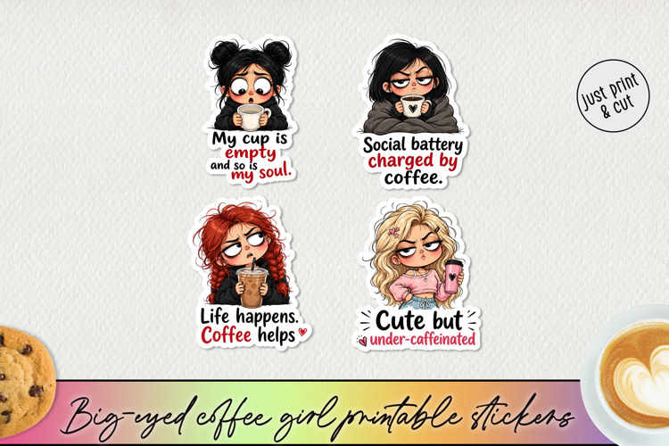Funny Big-Eyed Coffee Girl Stickers PNG