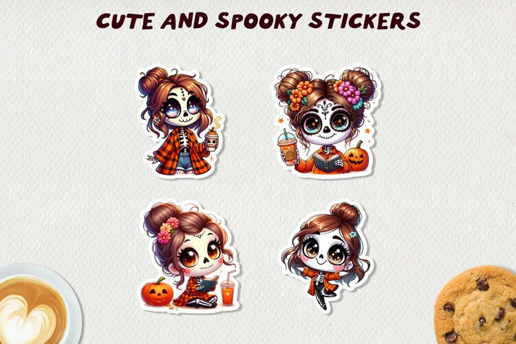Spooky Skeleton Girls Stickers Halloween Clipart Kawaii Fall example image 1