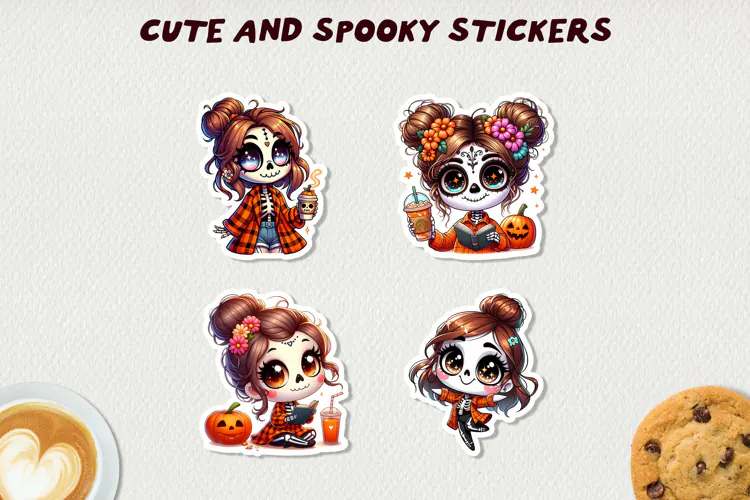 Spooky Skeleton Girls Stickers Halloween Clipart Kawaii Fall