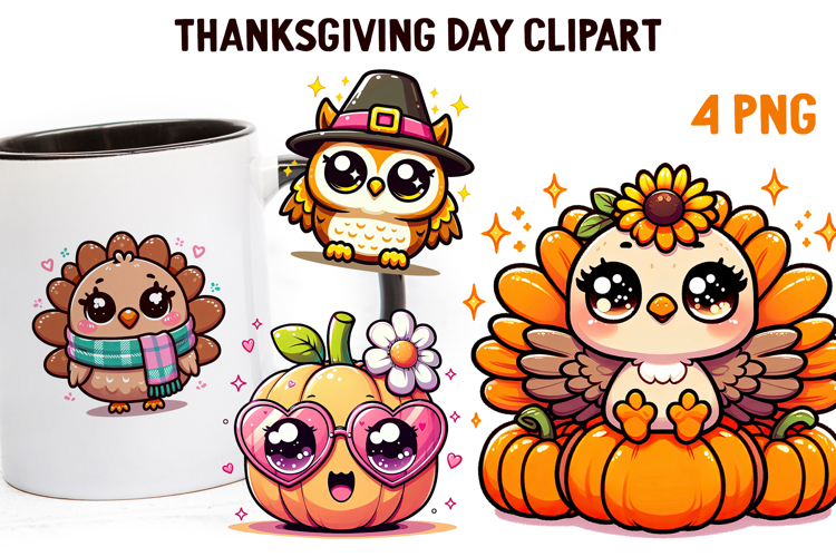 Cute Kawaii Thanksgiving Clipart | Fall Pumpkin Turkey PNG