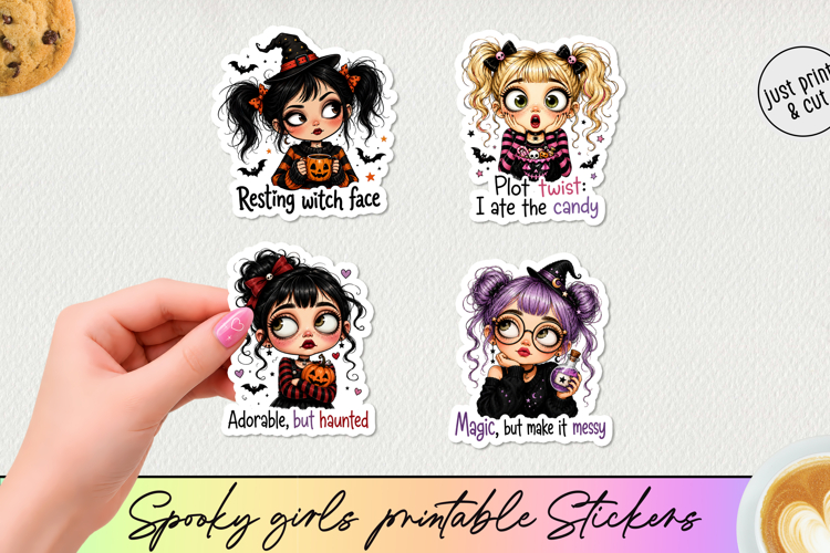 Spooky Girl Printable Stickers 4 Halloween PNGs.