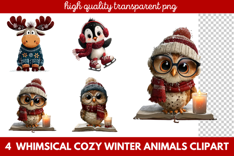 Whimsical Cozy Winter Animals Clipart | Cute Snowy Forest