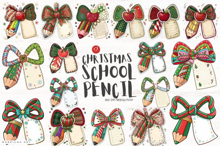 Christmas School Pencil Bows Clipart example image 1