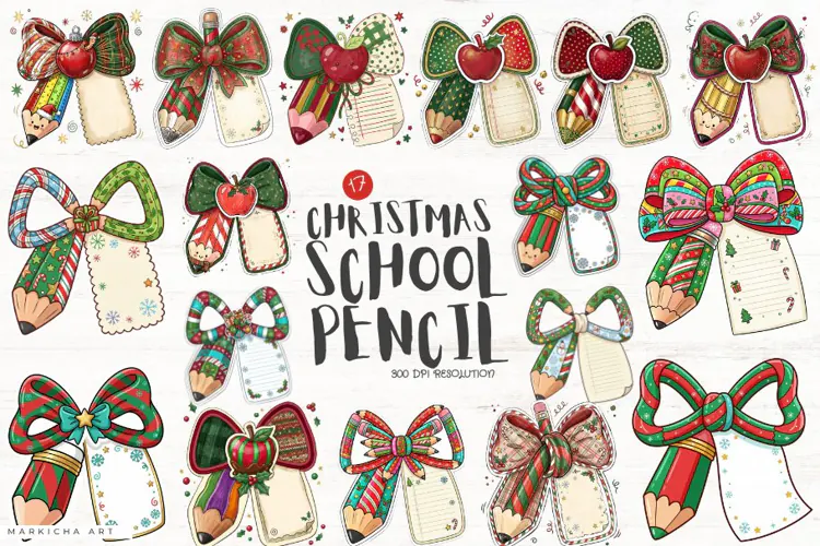 Christmas School Pencil Bows Clipart