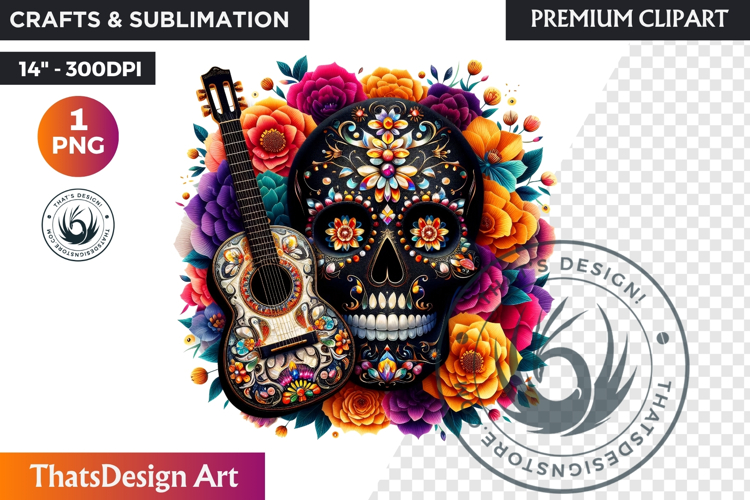 Floral Black Gold Sugar Skull Day of the Dead Clipart PNG